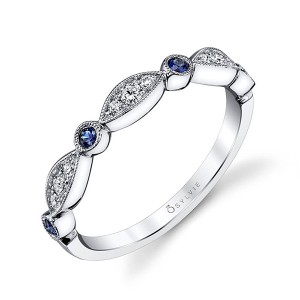 Vintage Inspired Blue Sapphire and Diamond Stackable Band